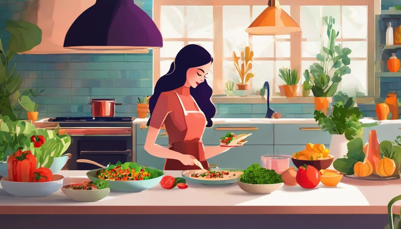 En kvinna njuter av en färgstark, växtbaserad måltid i ett mysigt kök.