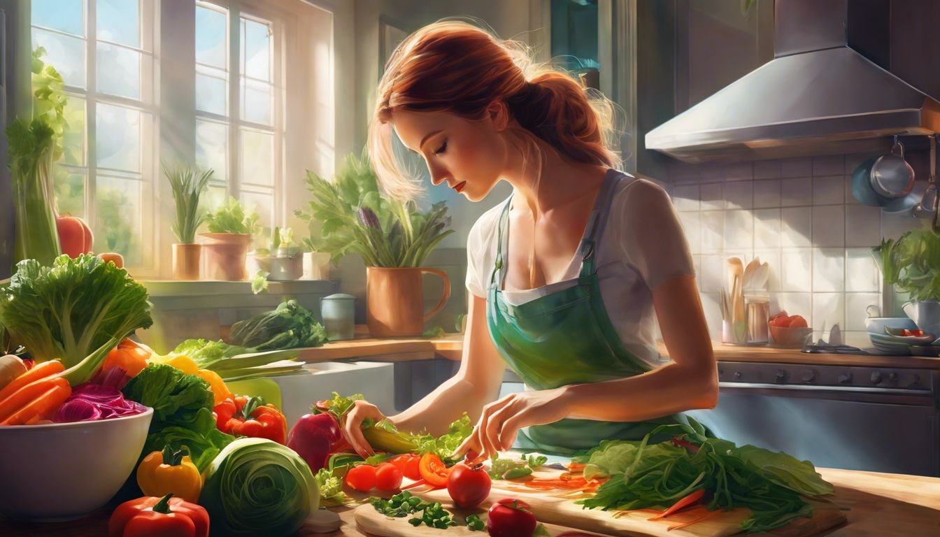 En kvinna förbereder noggrant en färgstark vegansk sallad i sitt kök.