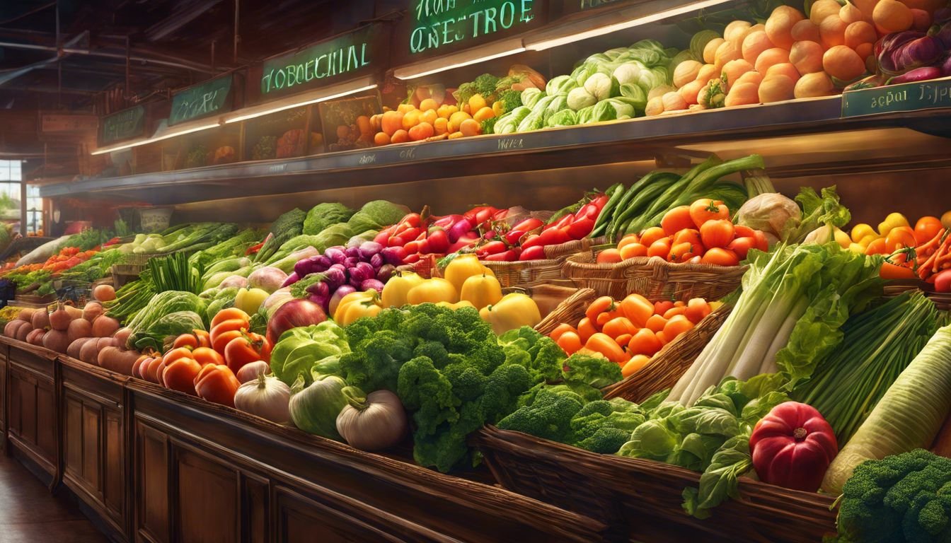 Ett varierat utbud av ekologiska grönsaker i en livlig mataffärsgång.