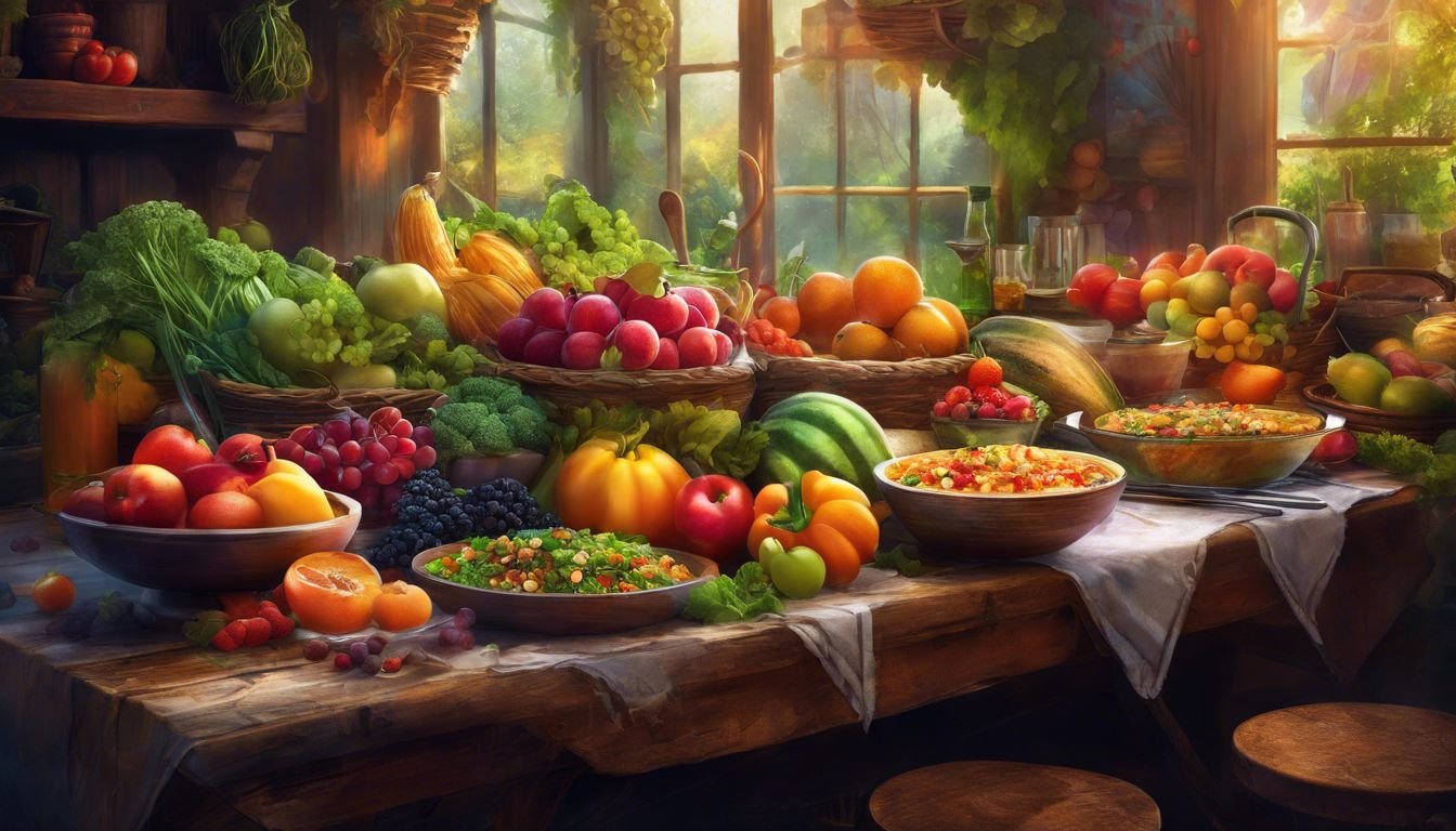 En mångfald av läckra veganska rätter och färska frukter och grönsaker.