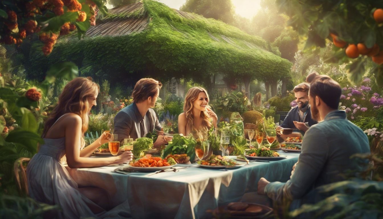 En mångfaldig grupp människor njuter av en vegansk måltid i en vacker trädgård.