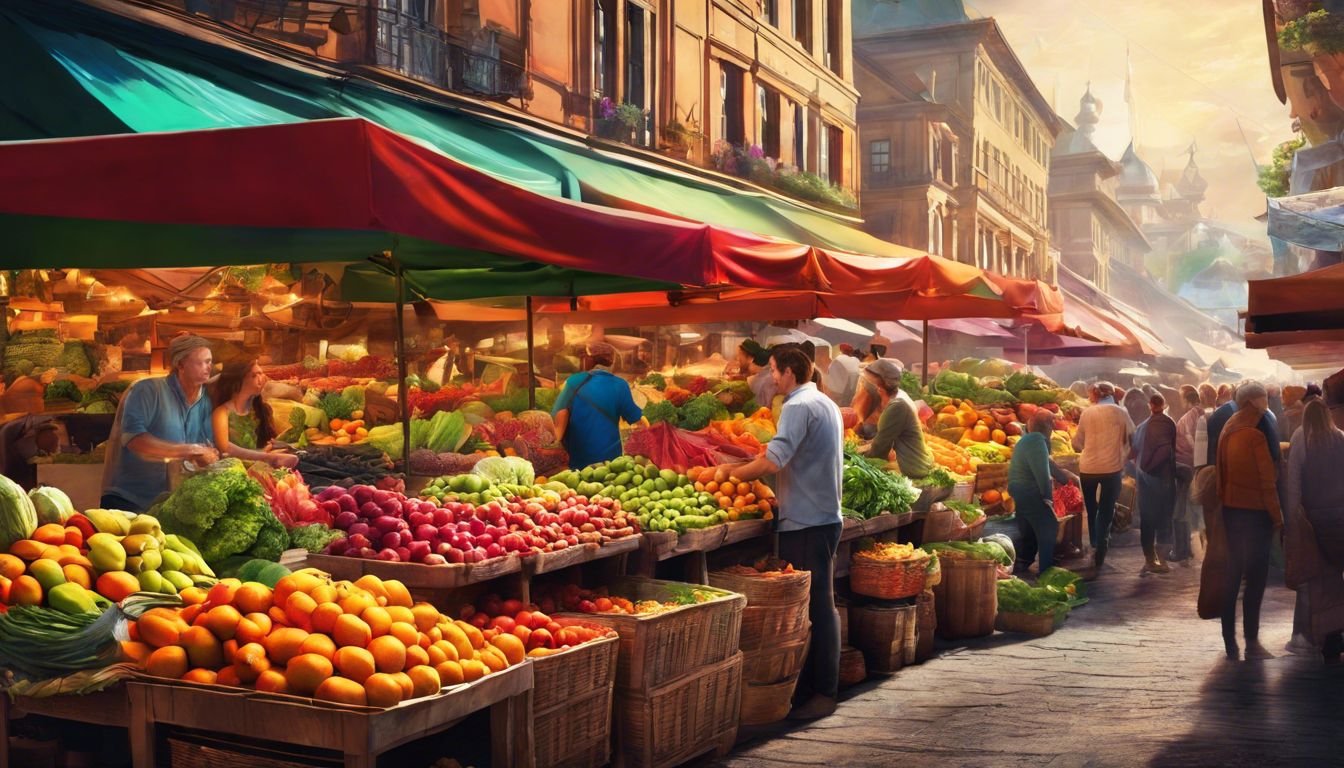 En livlig marknadsstånd med färgglada frukter och grönsaker omgiven av människor.