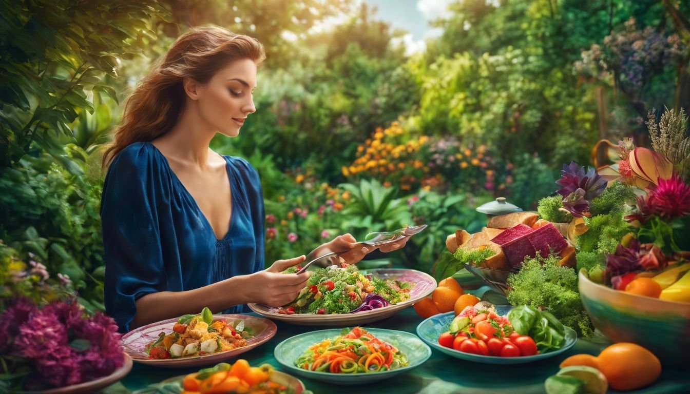 En person njuter av en färgstark tallrik med vegetariska rätter i en trädgårdsmiljö.