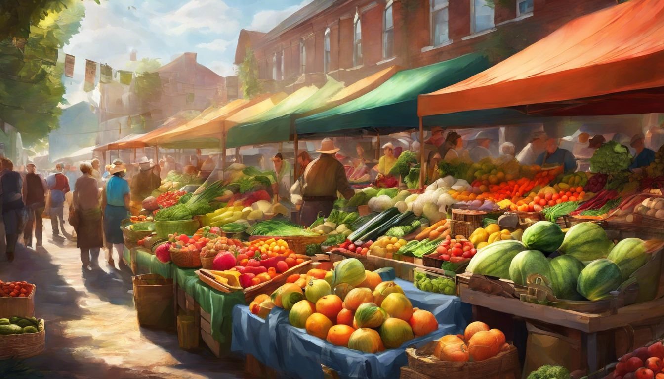 Ett brett utbud av färska frukter och grönsaker på en bondemarknad.