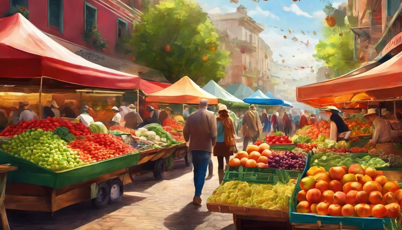 Färska frukter och grönsaker säljs på en livlig marknad.