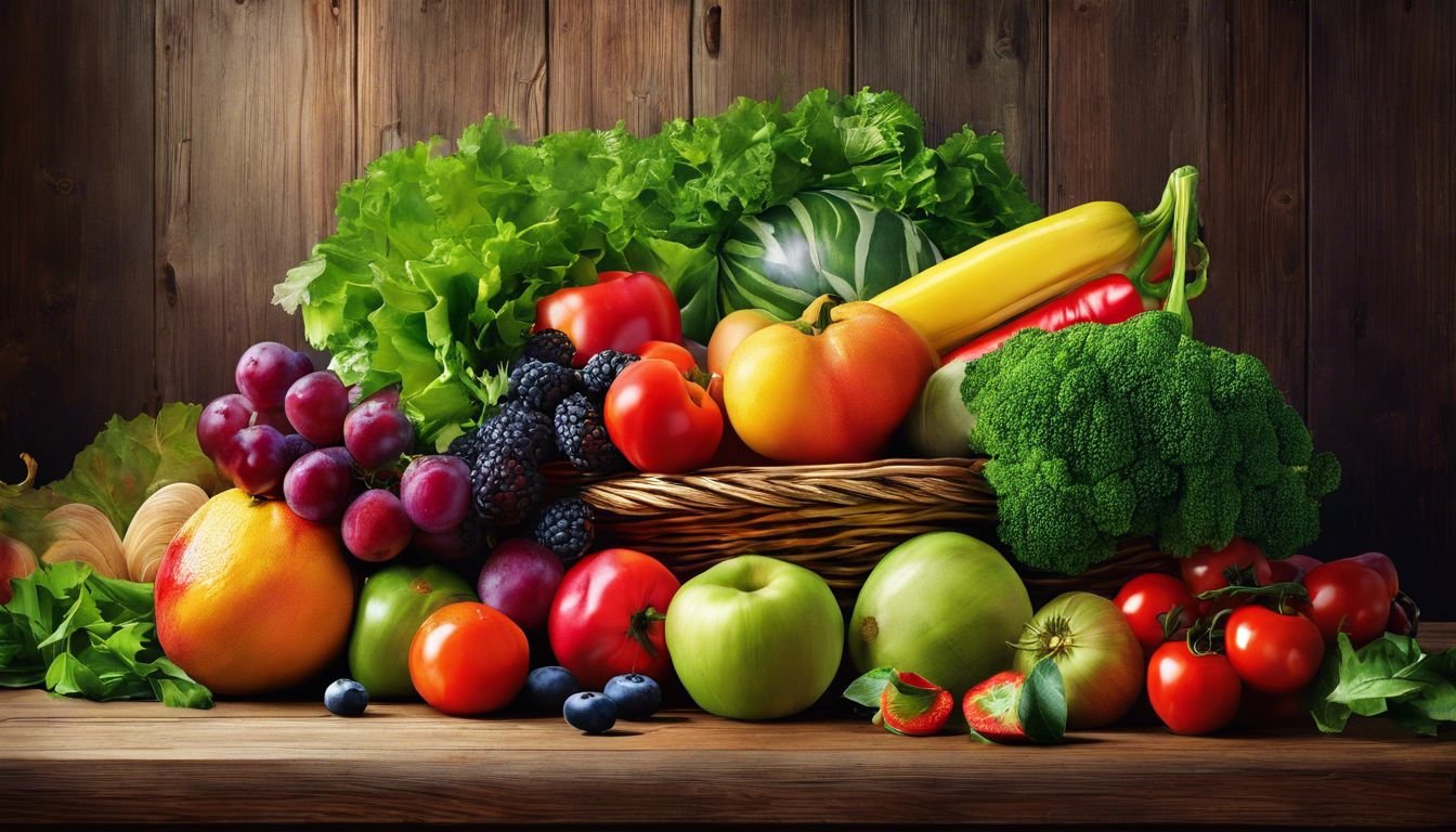 Färgglada färska frukter och grönsaker på en enkel träbord.