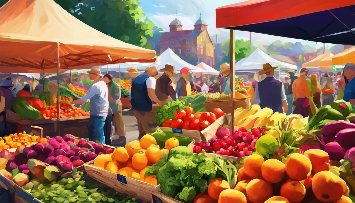 En mångfärgad och livlig bondens marknad med frukt och grönsaker.