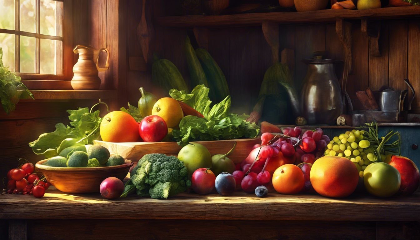 En skördefest av färska, färgglada frukter och grönsaker på ett rustikt träbord.
