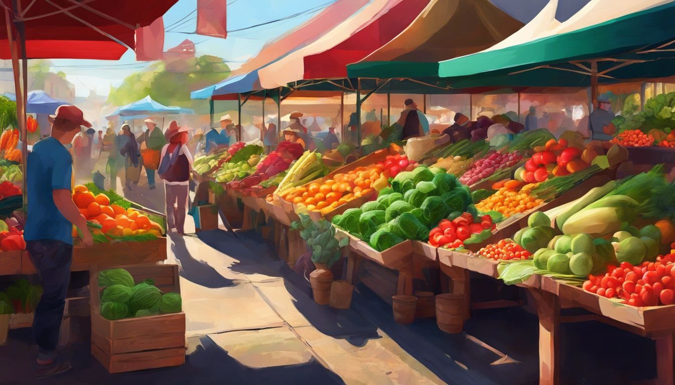 En mångfald av färska frukter och grönsaker på en bondens marknad.