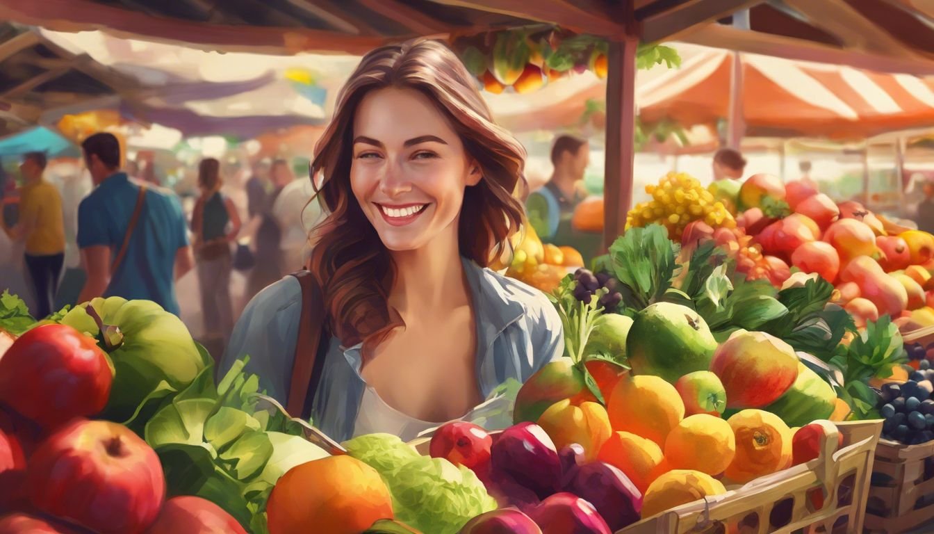 En kvinna njuter av en mångfald av färska frukter och grönsaker på bondens marknad.