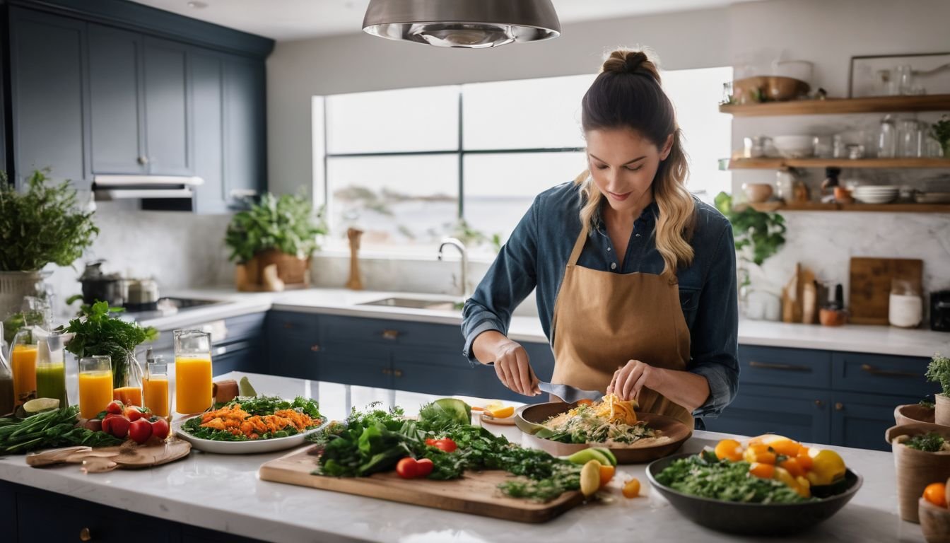 En person förbereder en färgglad vegansk måltid i ett modernt kök.