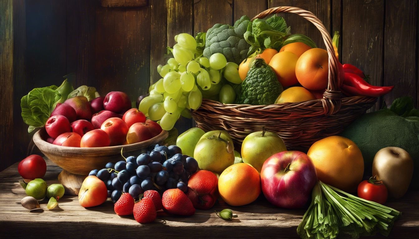 En mångfald av färska frukter och grönsaker på ett träbord.